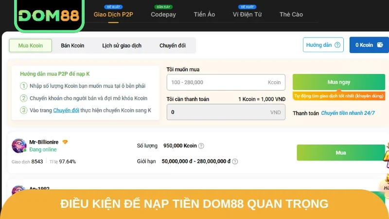 Điều kiện để nạp tiền DOM88 quan trọng